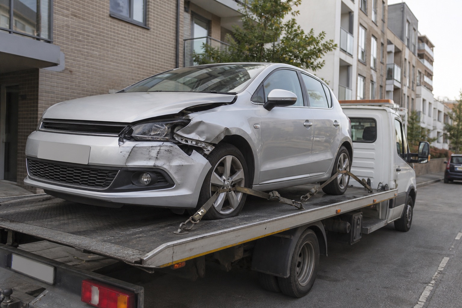Damaged silver car secured for accident recovery in South West London