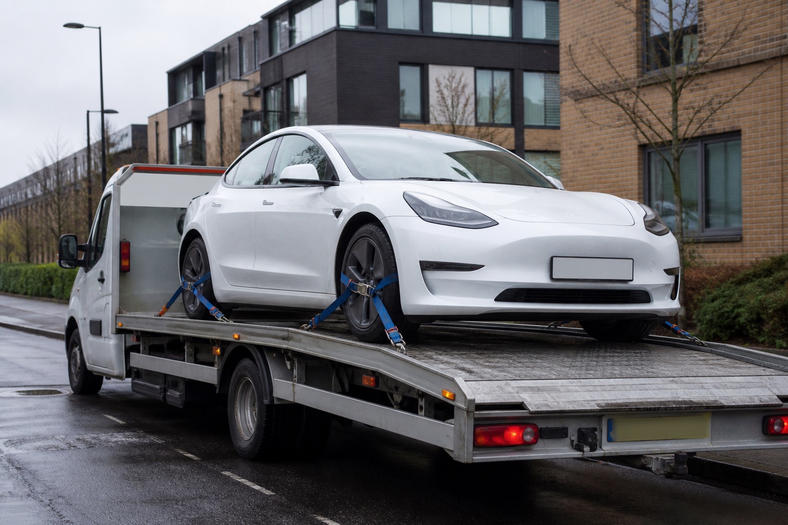 White electric car secured for recovery in South West London